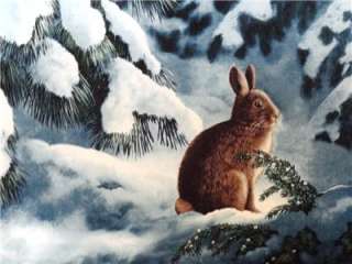 New Snow Trees Rabbit Bunny Winter Woods Fabric Panel  