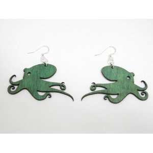  Kelly Green Octopus Wooden Earrings GTJ Jewelry
