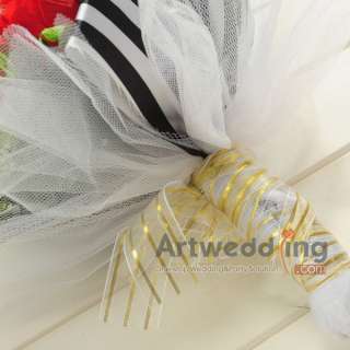 New Vivid Red Roses Tulle Wrap Bridal Bouquet Wedding Silk Flower 
