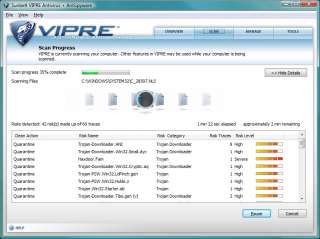 VIPRE Scan in Progress Shows the progress of a scan and anything that 