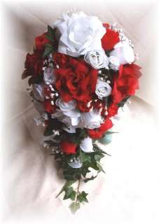 15pc Silk Wedding Bouquet Bridal Flowers Red White Roses  