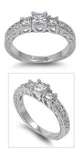 Sterling Silver CZ Princess cut Three Stone 3 Engagement Promise Ring 