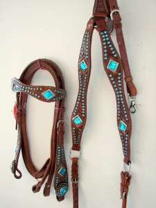   LEATHER WESTERN HEADSTALL Breastplate SHOW TACK BLUE BLING SET  