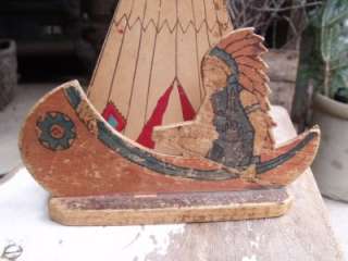   Painted Folk Art Wood Indian Canoe Teepee Great Easel Stand  