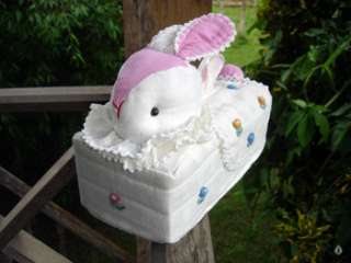 Tissue Box Cover, Tissue Cover Pink Rabbit Bunny Floral Embroidered 