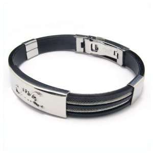    Stainless Steel Cable Scorpion Plate Black Rubber Bracelet Jewelry