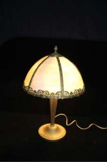   Edward Miller & Co Elegant Pair of Metal Overlay Slag Table Lamps