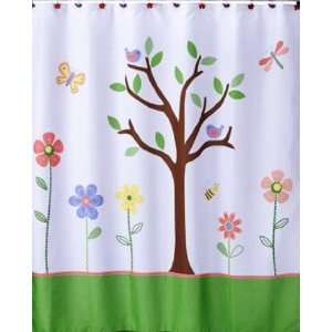 Butterfly Park Tree and Flower Fabric Bathroom Shower Curtain  