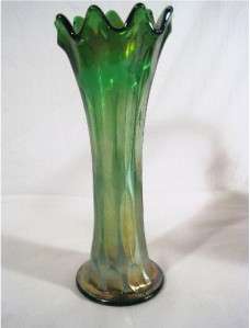 VINTAGE FENTON GREEN THUMBPRINT CARNIVAL GLASS VASE  
