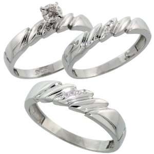  Sterling Silver 3 Piece Trio His (5mm) & Hers (4mm) Diamond Wedding 