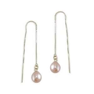   Natural Pink Freshwater Cultured Pearl Drop Threader Earrings Jewelry